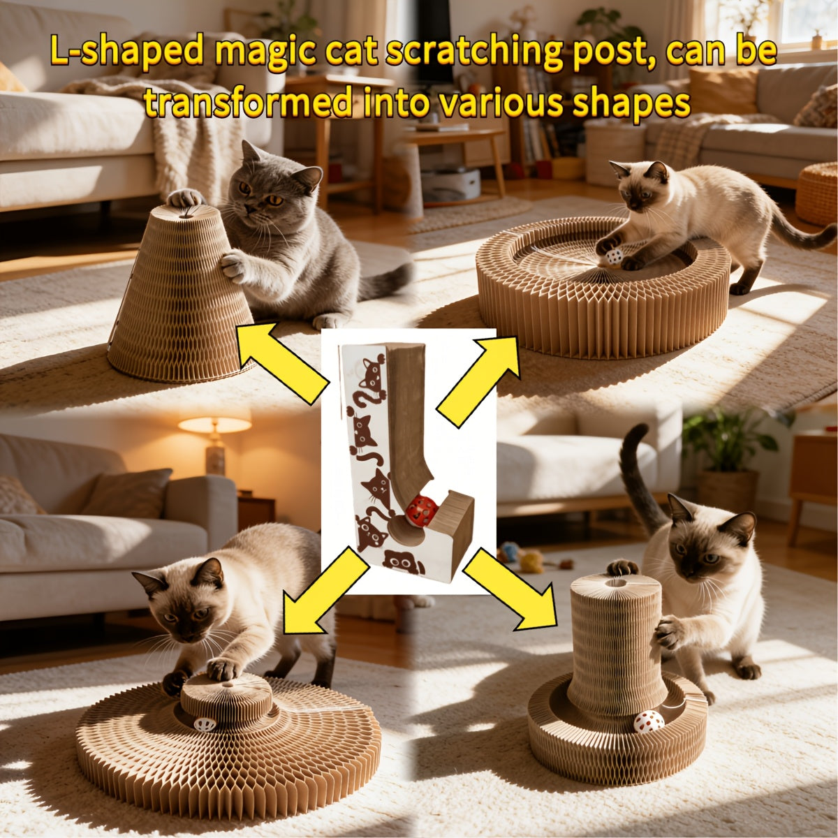Magic Organ Accordion Cat Scratcher with Bell Ball – Interactive Cardboard Cat Scratch Board Toy, Compact Foldable Corner Design for Indoor Cats, Furniture Protector, 2 Styles