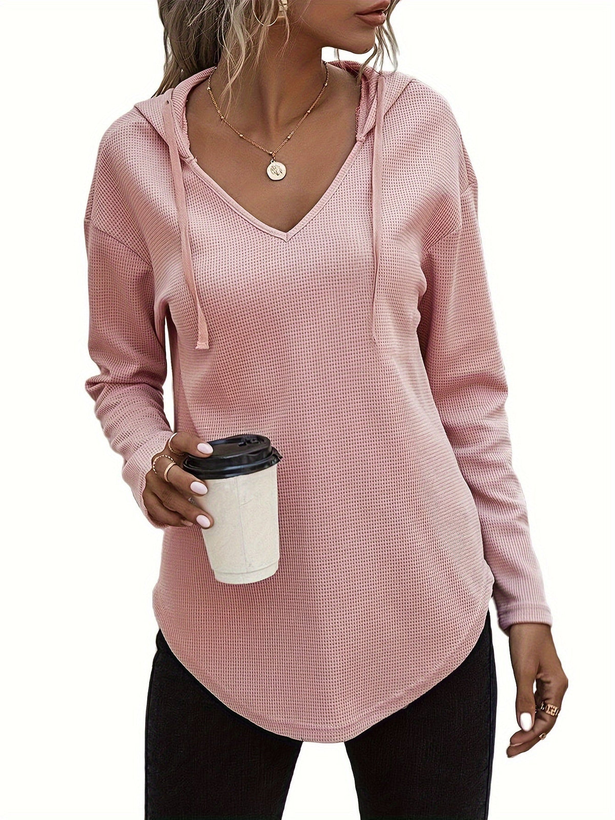 Women's Hanky Hem V-Neck Drawstring Hoodie Sweatshirt - Casual Long Sleeve Knit Hooded Pullover for Fall Winter