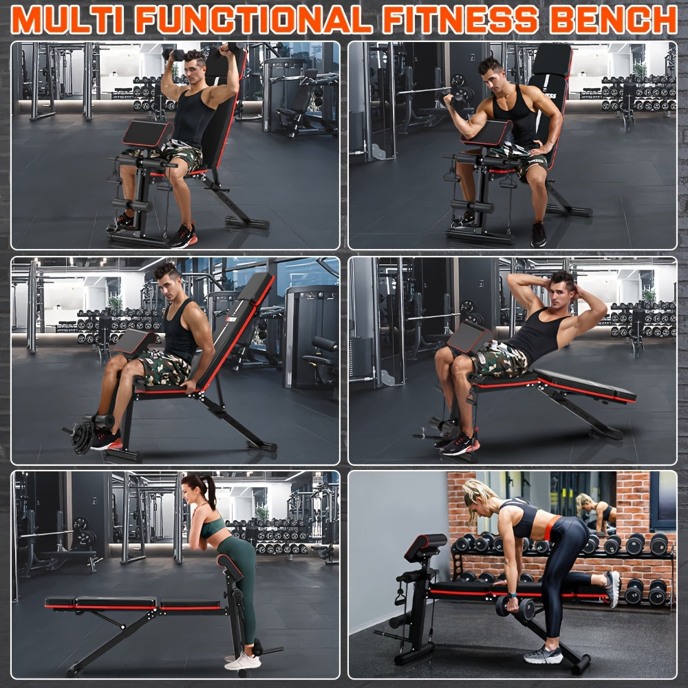 Foldable 6-in-1 Adjustable Weight Bench for Home Gym – 770 LBS Capacity, Flat Incline Decline, Resistance Bands, Preacher Curl Pad & Leg Developer, Full Body Strength Training Equipment