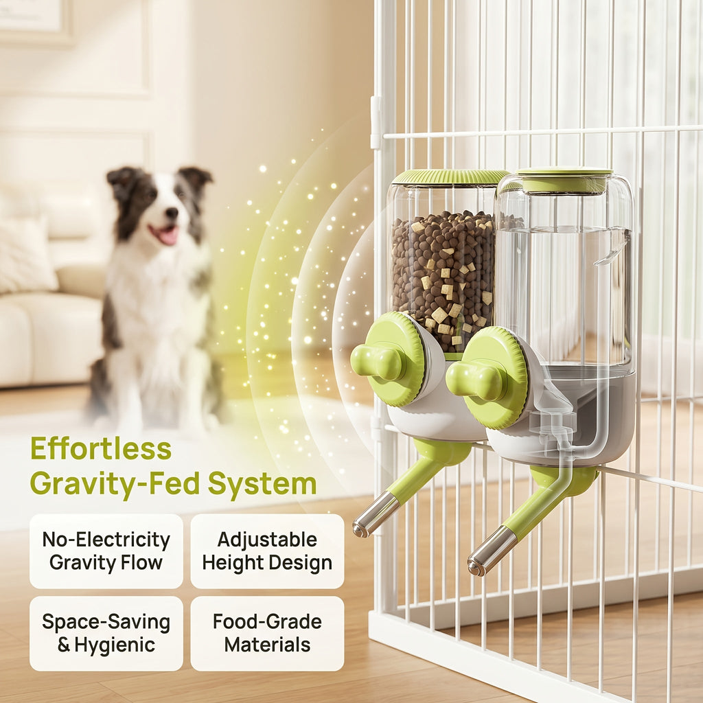 Hanging Gravity Pet Feeder and Water Bottle Set 2pc - 33.81oz Anti-Leak Ball Water Dispenser & Gravity Feeding Bowl for Cats Dogs Rabbits Small Pets - No Battery Needed Cage Mount Detachable