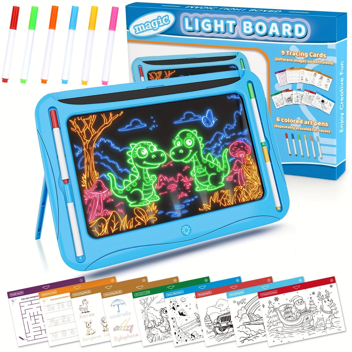 LED Light-Up Drawing Doodle Board for Kids Ages 3-8 – Glow Writing Art Set with 9 Double-Sided Cards & 6 Markers, Educational Learning Travel Toy, Birthday & Christmas Gift for Girls Boys