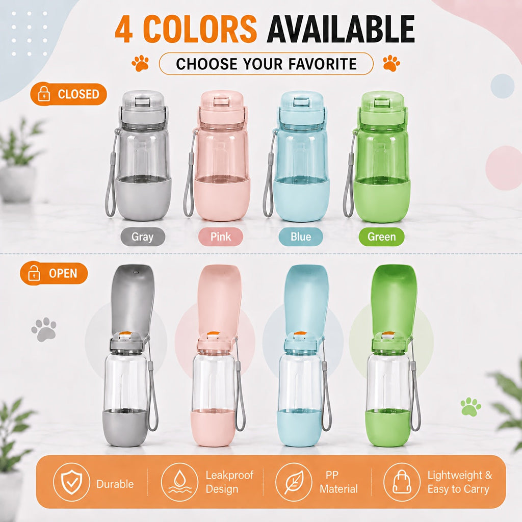Dual-Chamber Dog Travel Water & Food Bottle with Lanyard – 17.58oz Water + 5.07oz Food Compartments, Leak-Proof Collapsible Bowl Dispenser for Hiking Outdoor Travel, 4 Colors