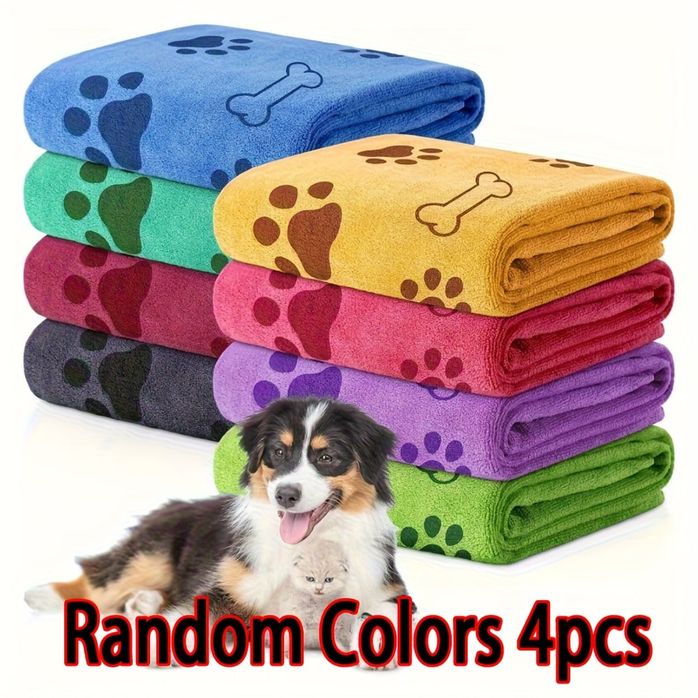 Quick-Dry Pet Towels 4-Pack – Soft Absorbent Polyester Dog Bath Towels with Paw Print Design for Bathing & Drying Medium Dogs, Random Assorted Colors, Reusable Grooming Towel Set