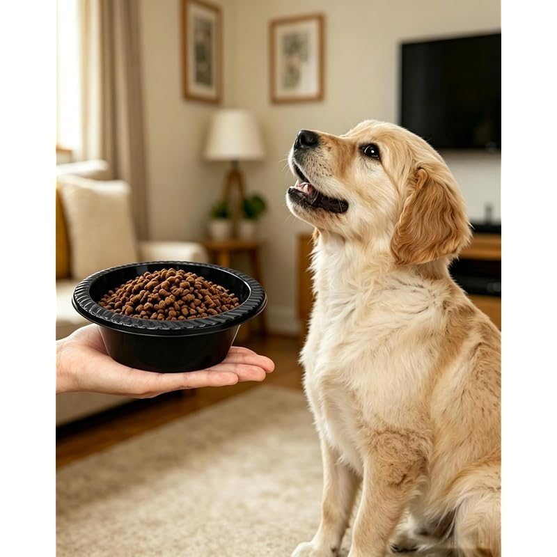 Disposable Pet Bowls 50-Pack 12oz – Round Black Plastic Bowls for Small & Medium Dogs, Travel, Shelter, Kennel, Outdoor & Emergency Feeding, Stackable Hygienic Single-Use