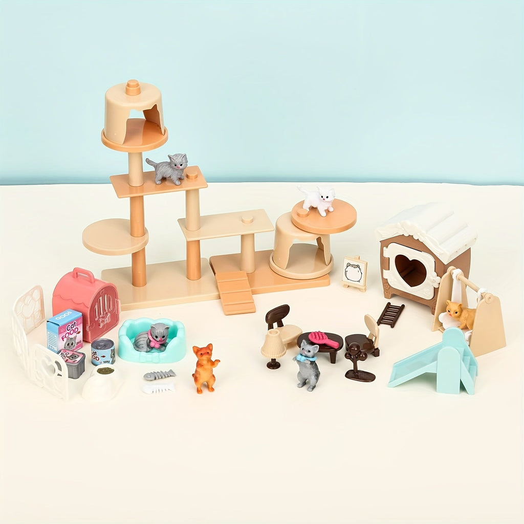 Cat Figures Playset Toys for Kids - Interactive Kitten Role Play Care Center for Girls & Boys Ages 3 4 5 6, Realistic Pretend Play Cat Set with Accessories, Birthday Gift for Cat Lovers