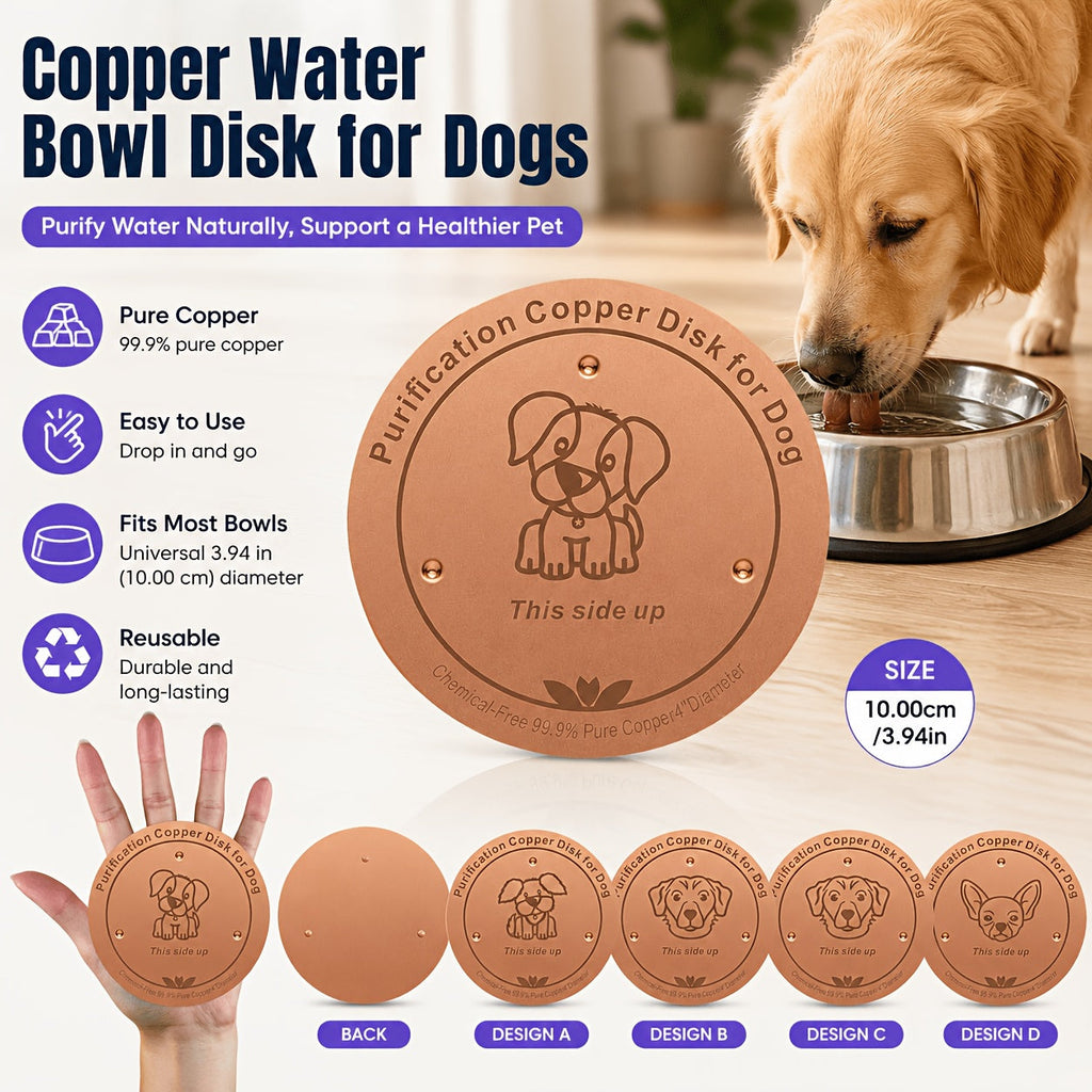 Pure Copper Dog Water Bowl Purification Disk 3.94" - Reusable Copper Bowl Insert for Dogs & Pets Water Purification - Battery-Free Natural Pet Water Cleaner Accessory for Dog Water Bowls
