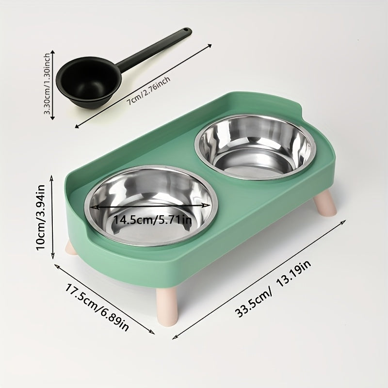 Elevated Cat Bowls Raised Stainless Steel - Double Cat Food and Water Bowl Set, Anti-Vomit Neck Protection, Non-Slip Feeder Stand, Splash-Proof Dishwasher Safe, Includes 2 Bowls & Pet Food Scoop for Indoor Cats