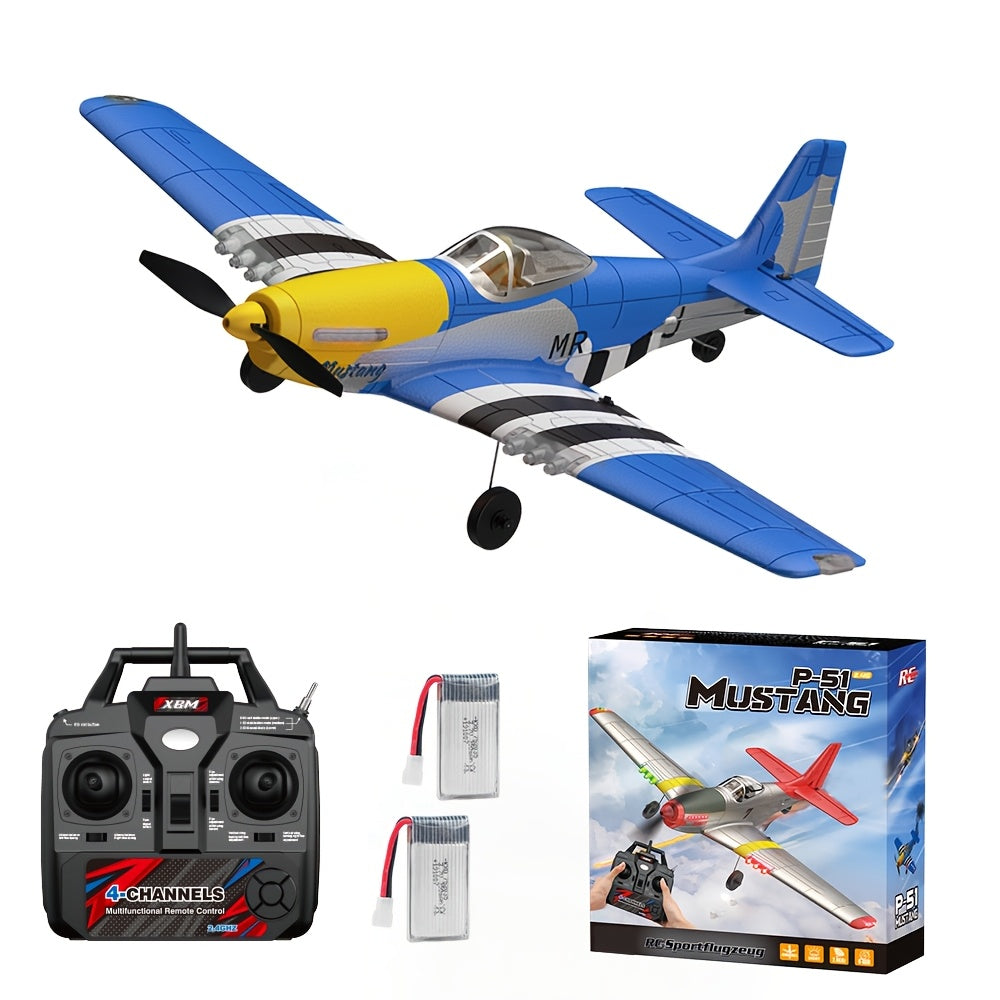 P51 Mustang RC Plane 4-Channel Ready-to-Fly Fighter Jet with 6-Axis Gyroscope, 3D Aerobatic Mode, LED Lights, 2.4GHz Remote Control Electric Airplane – RTF Beginner RC Fixed Wing with 2 Batteries