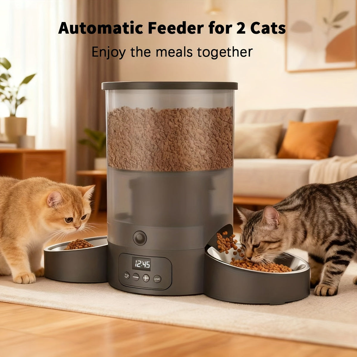 Automatic Cat Feeder 3L Dual Bowl – 102.5oz Timed & Portion-Controlled Pet Food Dispenser for Cats & Dogs, 1-6 Meals Per Day, Anti-Clog Push-Button, Battery Operated, Black