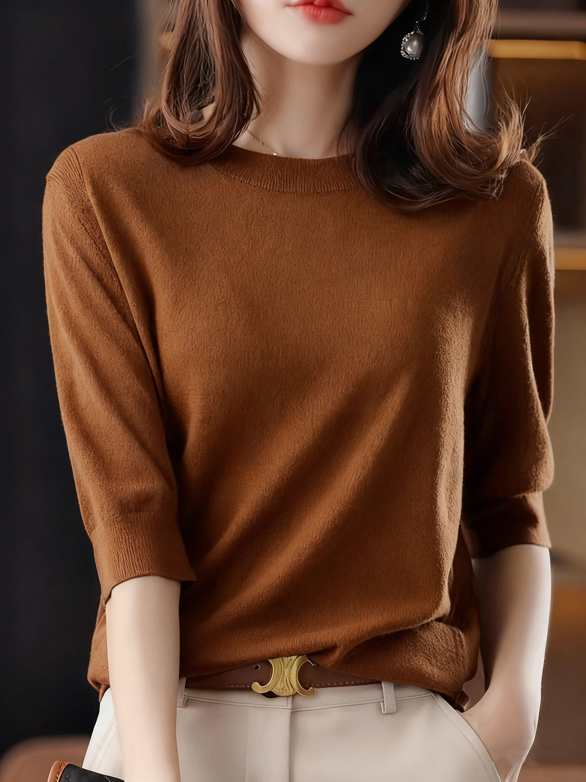 Women's Crew Neck 3/4 Sleeve Shirt Vintage Elegant Base Layer Top High Elasticity Smooth Solid Color Spring Autumn Casual Blouse Coffee Black Green Claret S M L XL XXL