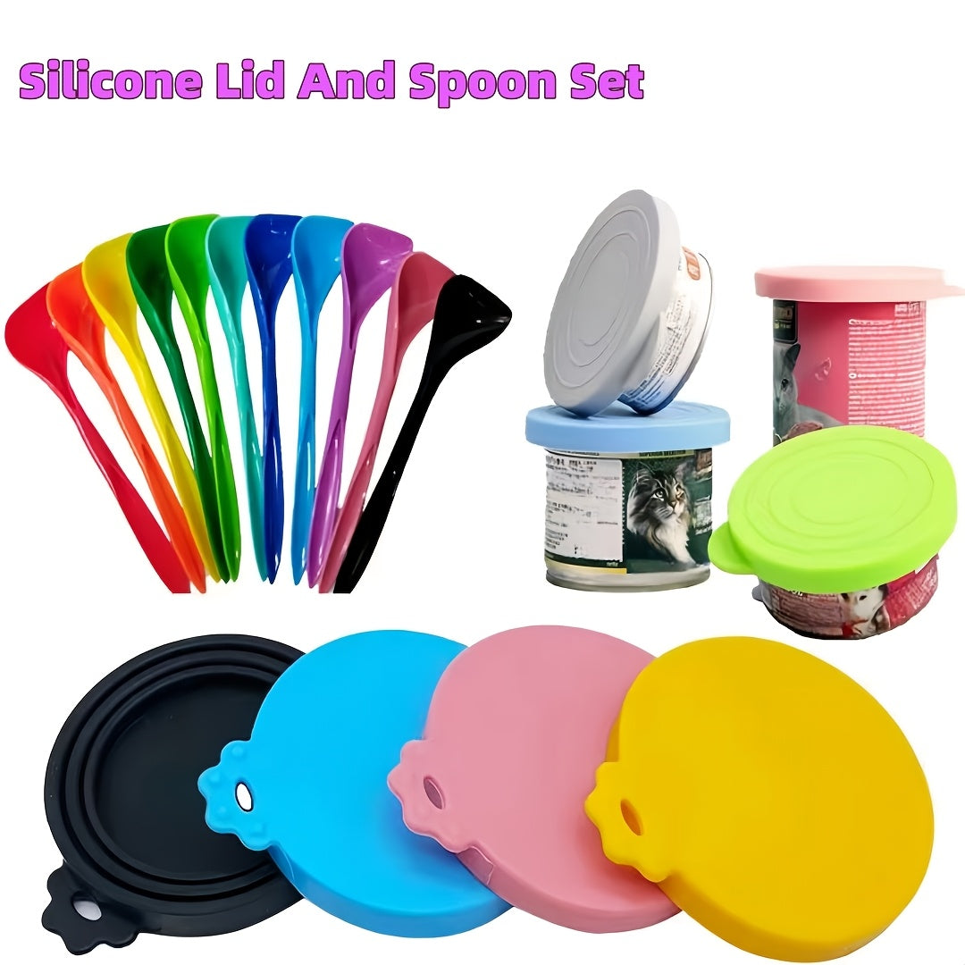Silicone Pet Food Can Lid with Spoon 6-Piece Set - 3 Sizes Universal Fit Reusable Can Cover for Dog & Cat Wet Food, Keep Food Fresh Airtight Seal, BPA-Free Pet Feeding Spoon Combo, Random Colors