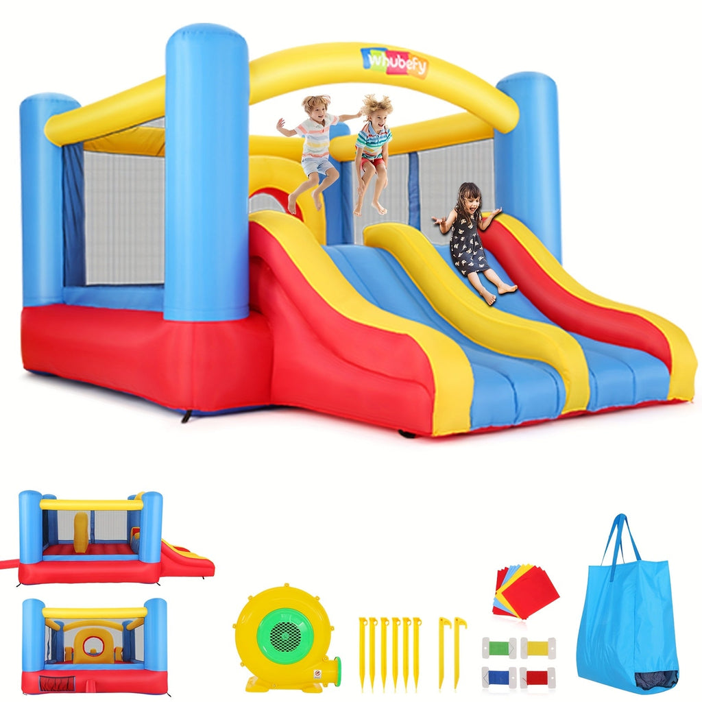 Inflatable Bounce House with Blower for Kids 3-10, 12x9FT Large Backyard Bouncy Castle with Double Slide & Dual Slide, Obstacle Course, Big Bounce Area, Indoor Outdoor Jumper for Birthday Party – Red Blue Yellow
