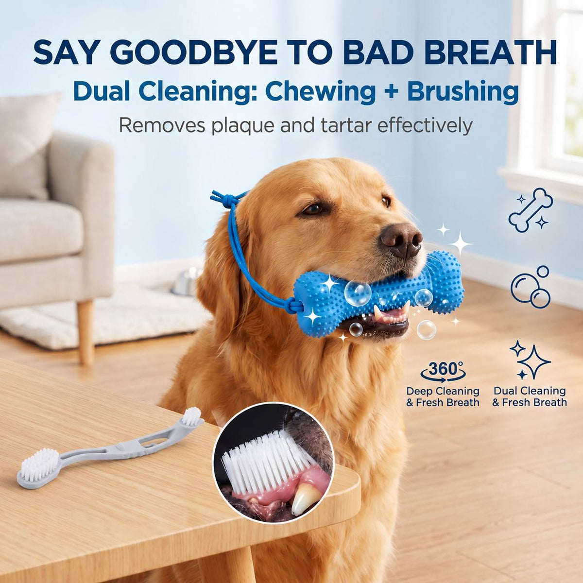 Dog Teething Chew Stick and Teeth Cleaning Brush Set 2 Pack - Durable Chewable Dog Toothbrush with Mouth-Open Strap for Easy Brushing, Dual-Purpose Dental Care Toy for Dogs, Random Color