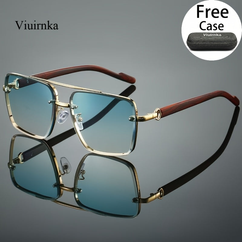 Square Retro Sunglasses for Men and Women Wood Grain Double Beam Design UV Protection Fashion Eyewear with Case for Driving Travel Beach Street Photography Holiday Gift 7 Color Options