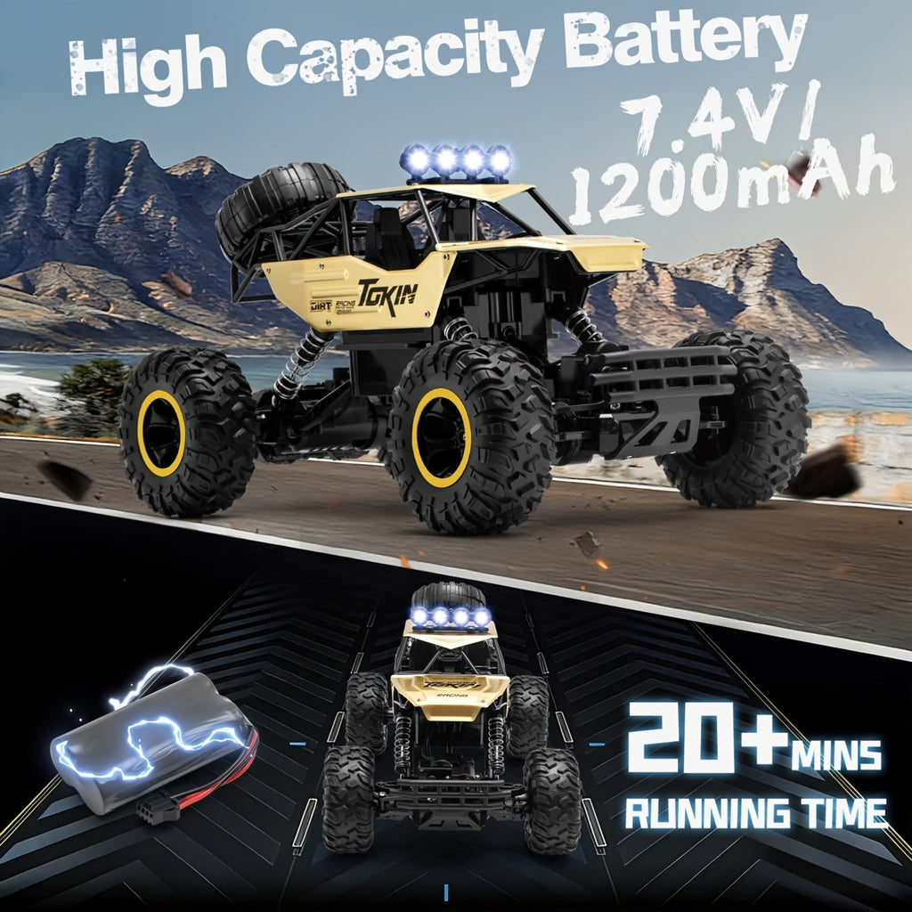 1:12 Scale RC Monster Truck 2.4GHz Off-Road Remote Control Car - Alloy Body, Independent Suspension, Rubber Tires, LED Lights, 1200mAh Battery, Crash-Resistant - Golden