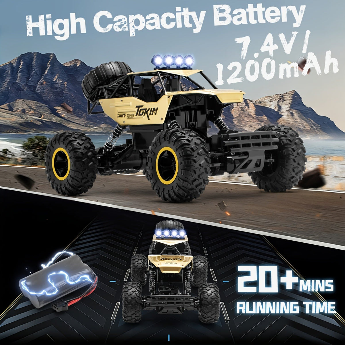 1:12 Scale RC Monster Truck 2.4GHz Off-Road Remote Control Car - Alloy Body, Independent Suspension, Rubber Tires, LED Lights, 1200mAh Battery, Crash-Resistant - Golden