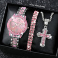 3pcs Women's Fashion Watch and Jewelry Set – Elegant Rhinestone Ring & Bracelet Watch Set, Stylish Gift for Women in Pink Red Silver, Perfect for Birthday Valentine's Day Anniversary
