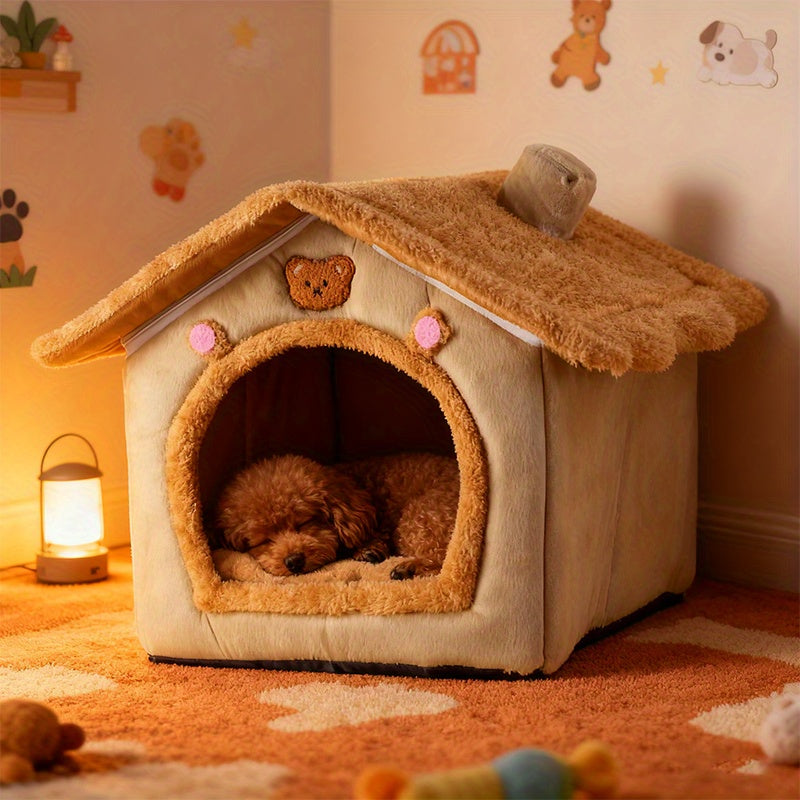 Cute House Dog Bed for Small Dogs - Warm Winter Plush Thick Cushion Pet House Bed for Teddy Chihuahua Pomeranian Bichon Schnauzer Bulldog, Indoor Dog Room Cozy Sleeping Nest