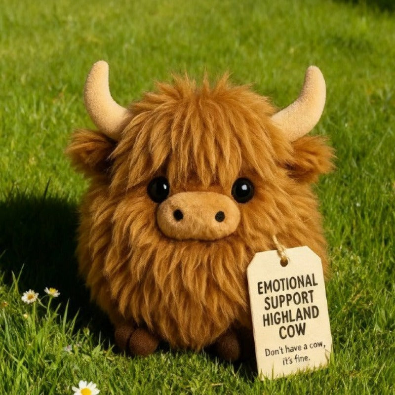 Cute Scottish Cow Plush Dog Toy – Round Fluffy Simulation Animal Bite Toy for Dogs & Cats, Soft Squeaky Companion Doll for Anxiety Relief, Chewing & Interactive Play for Puppies and Small Pets