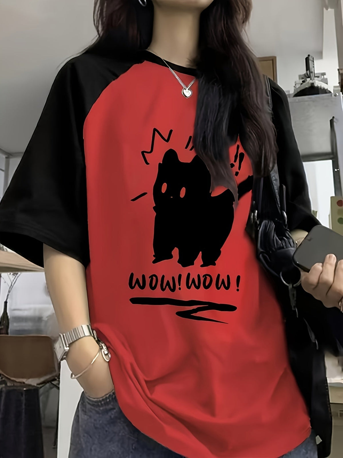 Y2K Cute Cat Letter Print Raglan Sleeve T-Shirt Women Round Neck Stretch Casual Top Olive Green Camel Red S M L XL XXL