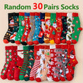 Christmas Socks 30 Pairs Fun Holiday Patterns Reindeer Santa Snowflakes Gingerbread Christmas Tree Warm Cartoon Socks – Unisex Gift Set for Men and Women