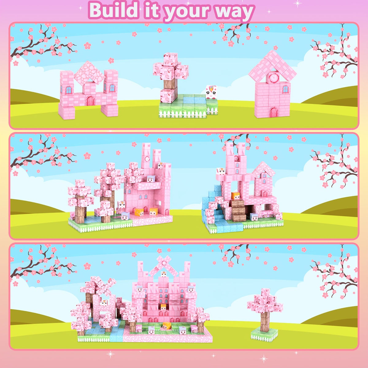 Magnetic Building Blocks 100 Pcs Sakura Snow Castle Kids STEM DIY Construction Toy Creative Educational Magnet Tiles for Children Ages 3+ Birthday Christmas Gift Set Boys Girls Toddlers