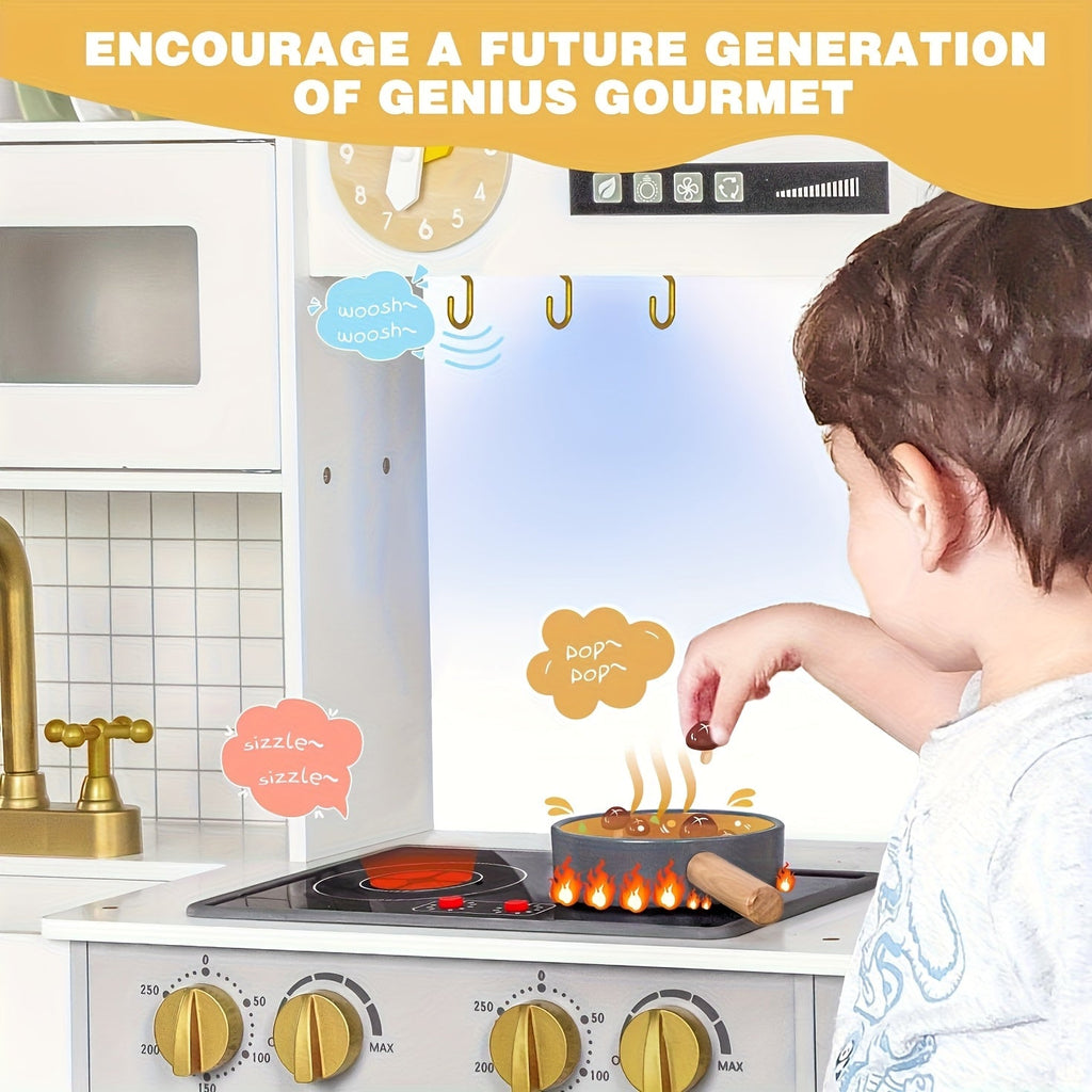 Kids Wooden Play Kitchen Set with Cookware & Accessories – Realistic Pretend Kitchen Playset with LED Stove Lights, Sounds, Microwave, Sink & 37.5" Spacious Design for Boys & Girls Ages 3-8