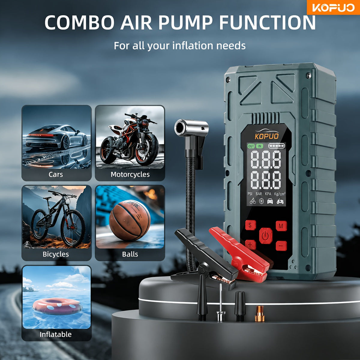 Portable Car Jump Starter with Air Compressor 20000A Peak 7-in-1 Battery Booster Pack with 150PSI Tire Inflator, Power Bank, LED Light & LCD Display – 12V Emergency Roadside Kit for Car SUV Truck