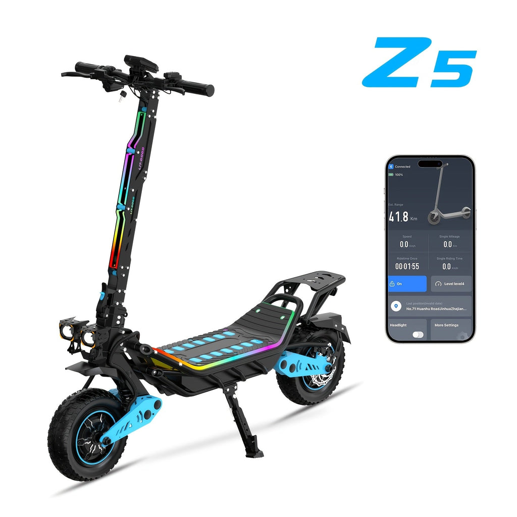 60V 3000W Dual Motor Off-Road Electric Scooter – 12-Inch Fat Tires, Front & Rear Suspension, Dual Hydraulic Brakes, Foldable Design with Bluetooth Music Player for Adults