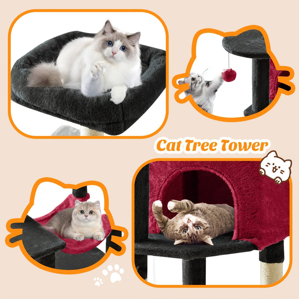44" Cat Tree Tower with Hammock & Sisal Scratching Posts – Multi-Level Indoor Cat Condo with Natural Perches for Large & Multiple Cats, Sturdy Stable Base, Beige Gray Pink Black