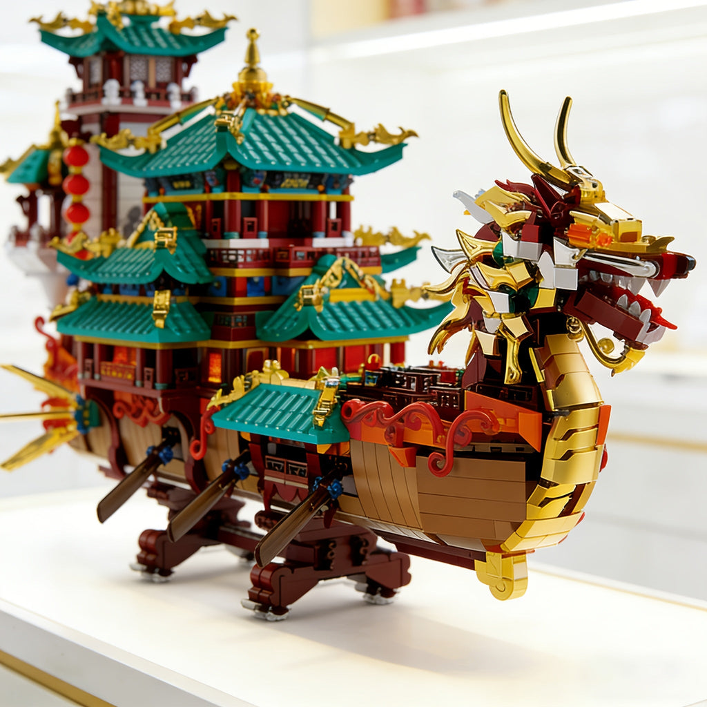 2453pcs Dragon Boat Festival Building Block Set - Large Scale ABS Brick Model Kit, Intermediate Assembly Level | Unique Cultural Display Piece & Gift for Christmas Thanksgiving Halloween New Year
