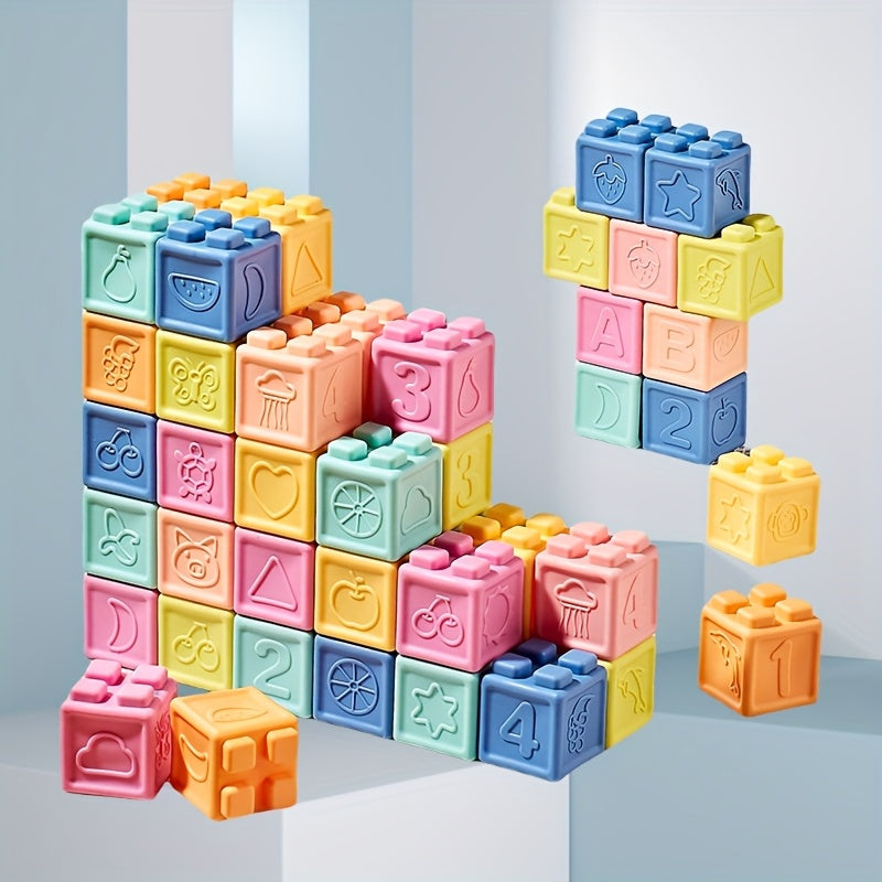 Soft Rubber Baby Building Blocks for Infants & Toddlers – Chewable BPA-Free Sensory Stacking Toy for Grasping & Cognitive Development – 16, 24 or 48 Pieces – Ages 0-6 Months, 6-12 Months & 1-2 Years