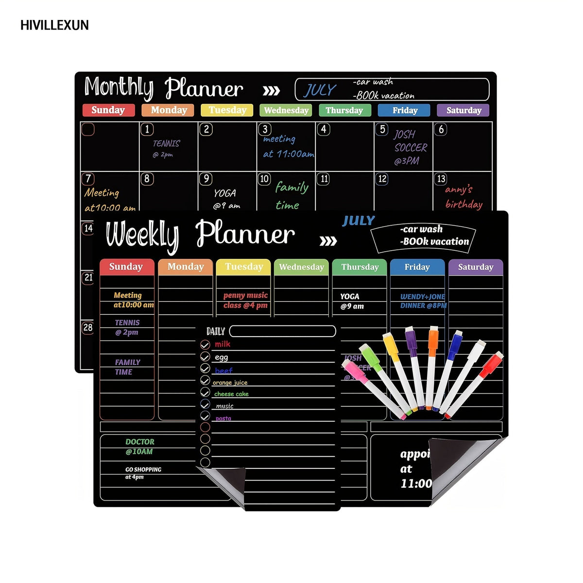 Hivillexun Black Magnetic Dry Erase Board Set of 3 – Monthly, Weekly & Daily Planner Boards for Refrigerator & Wall, Family Organizer Calendar with 8 Dry Erase Markers Included