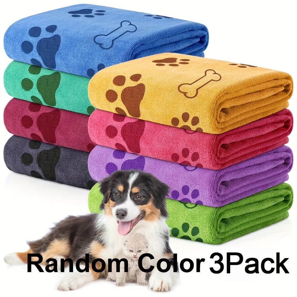 Quick-Dry Pet Towels 3-Pack – Soft Absorbent Microfiber Dog Bath Towels with Cute Paw Print Design, Fast-Drying Bathing Supplies for Small Medium Large Dogs and Cats, Random Colors