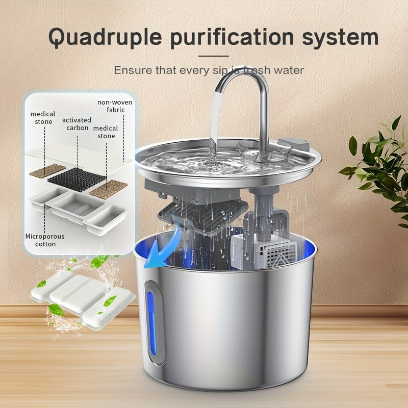 Automatic Pet Water Fountain Stainless Steel - 74oz/2.2L USB-Powered Cat & Dog Water Dispenser with Water Level Window, Ultra-Quiet Pump, Easy-Clean Design, Encourages Healthy Hydration for Cats & Puppies