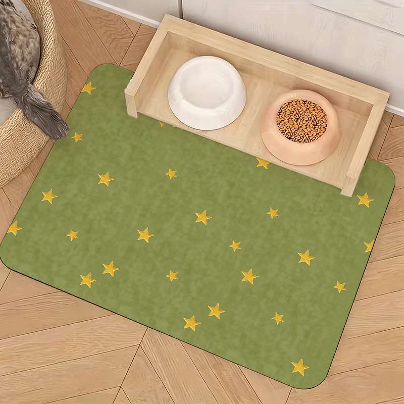 Non-Slip Pet Feeding Mat Green & Gold Stars - Leak-Proof Machine Washable Dog Cat Bowl Mat - Cute Waterproof Food Mat for All Breeds - Easy Clean Stain-Proof Pet Placemat for Indoor Outdoor Use