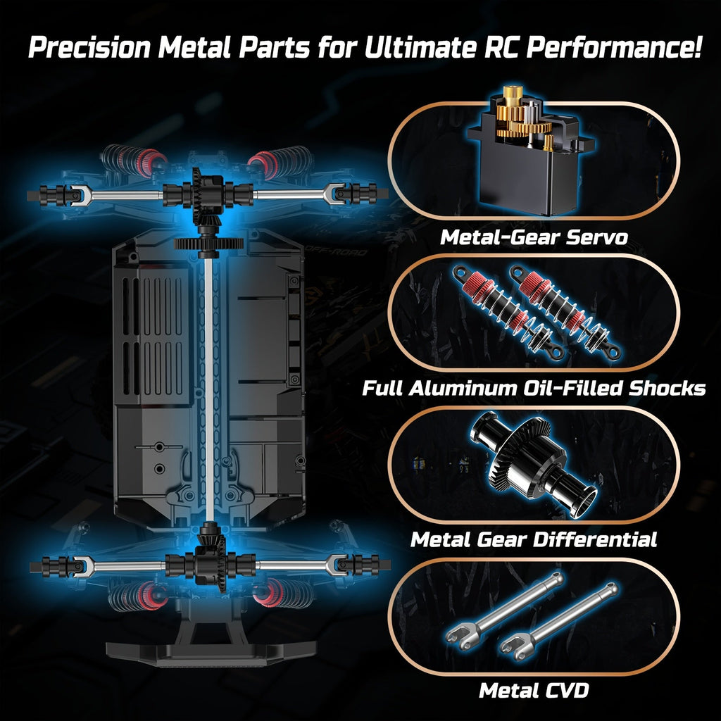 RC Monster Truck 1:16 Scale 42KM/H High Speed 4WD Off-Road Remote Control Car All Metal Drive System Dual 1500mAh Battery LED Headlights Wheelie Bar for Adults Kids