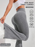 Women's High Waist Tummy Control Slim Flare Pants Textured Wide Ribbed Knit Stretch Yoga Fitness Running Casual Trousers XS-L 4 Colors