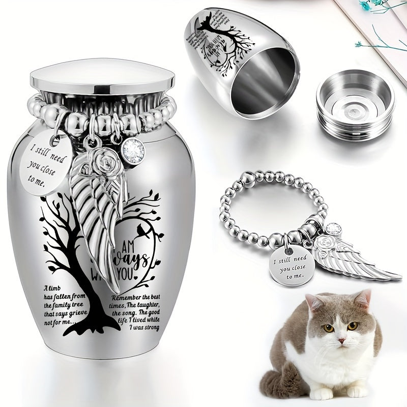 Mini Keepsake Cremation Urn with Wing Charm – 2.56 Inch Aluminum Alloy Memorial Ash Holder with I Am Always with You Engraving, Small Human Ashes Urn for Remembrance & Sympathy Gift, Silver