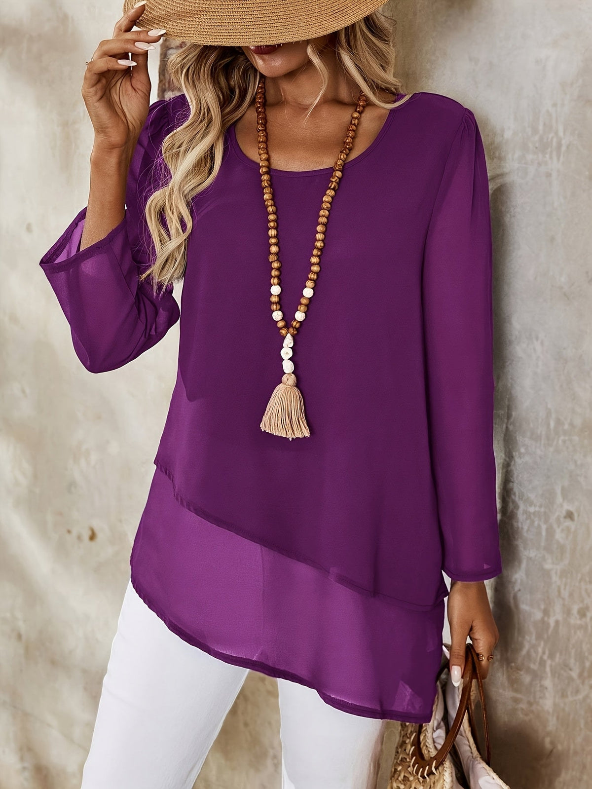 Women's Sheer Long Sleeve Shirt Elegant Double Layer Asymmetrical Irregular Hem Blouse Semi-Sheer Pullover Top Spring Summer Fall