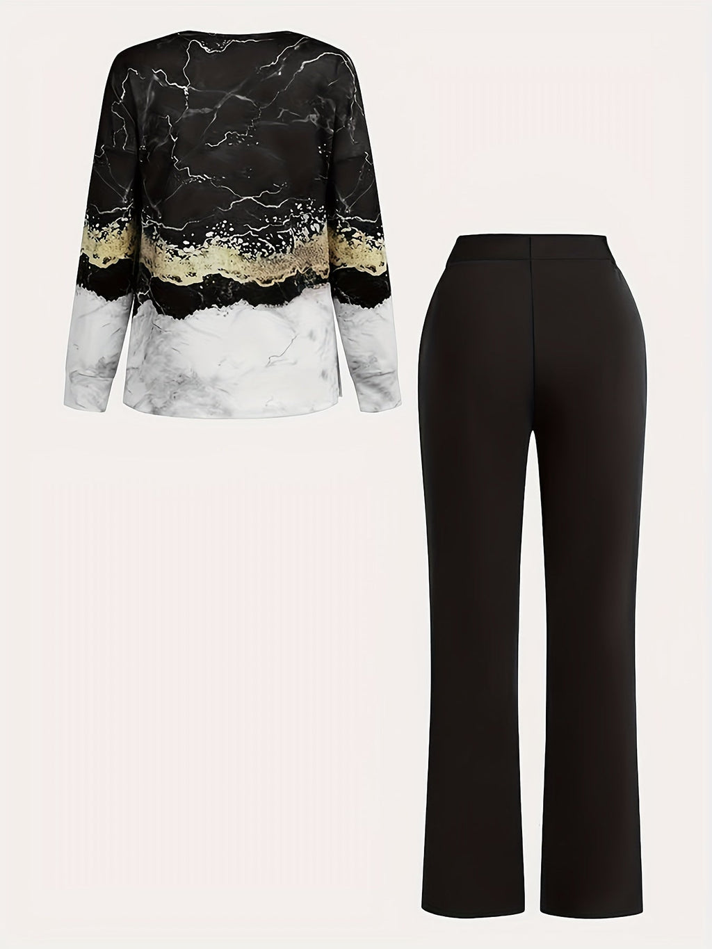 Women's All-Over Print Two-Piece Set | V-Neck Long Sleeve Top & Wide Leg Pants Matching Outfit Stretchy Knit Casual Loungewear Co-ord