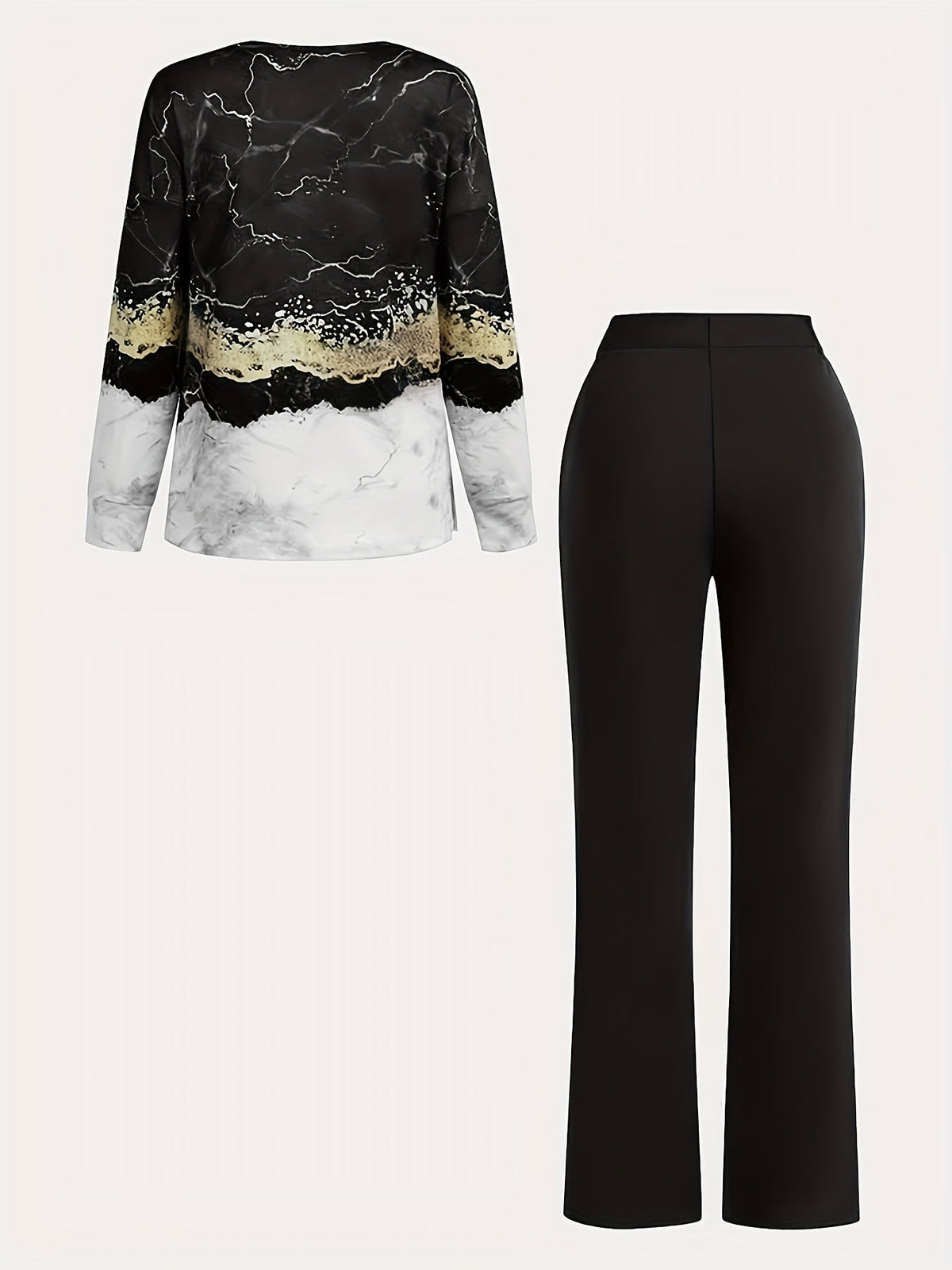 Women's All-Over Print Two-Piece Set | V-Neck Long Sleeve Top & Wide Leg Pants Matching Outfit Stretchy Knit Casual Loungewear Co-ord