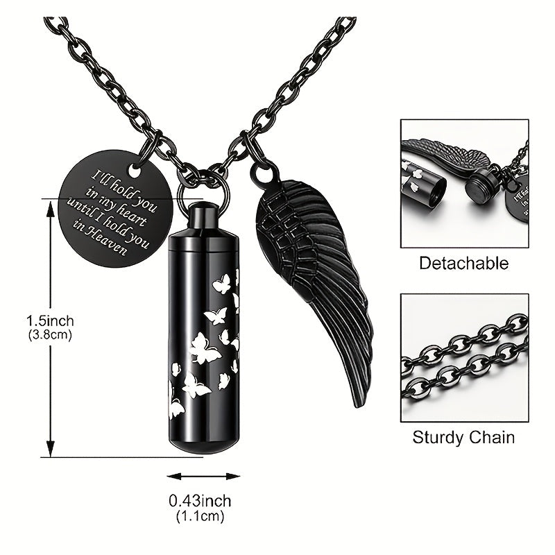 Cylinder Urn Necklace for Ashes - Stainless Steel Butterfly & Angel Wing Memorial Keepsake Pendant for Pet & Human Loss, Cremation Jewelry for Women Men & Loved Ones (Silvery)