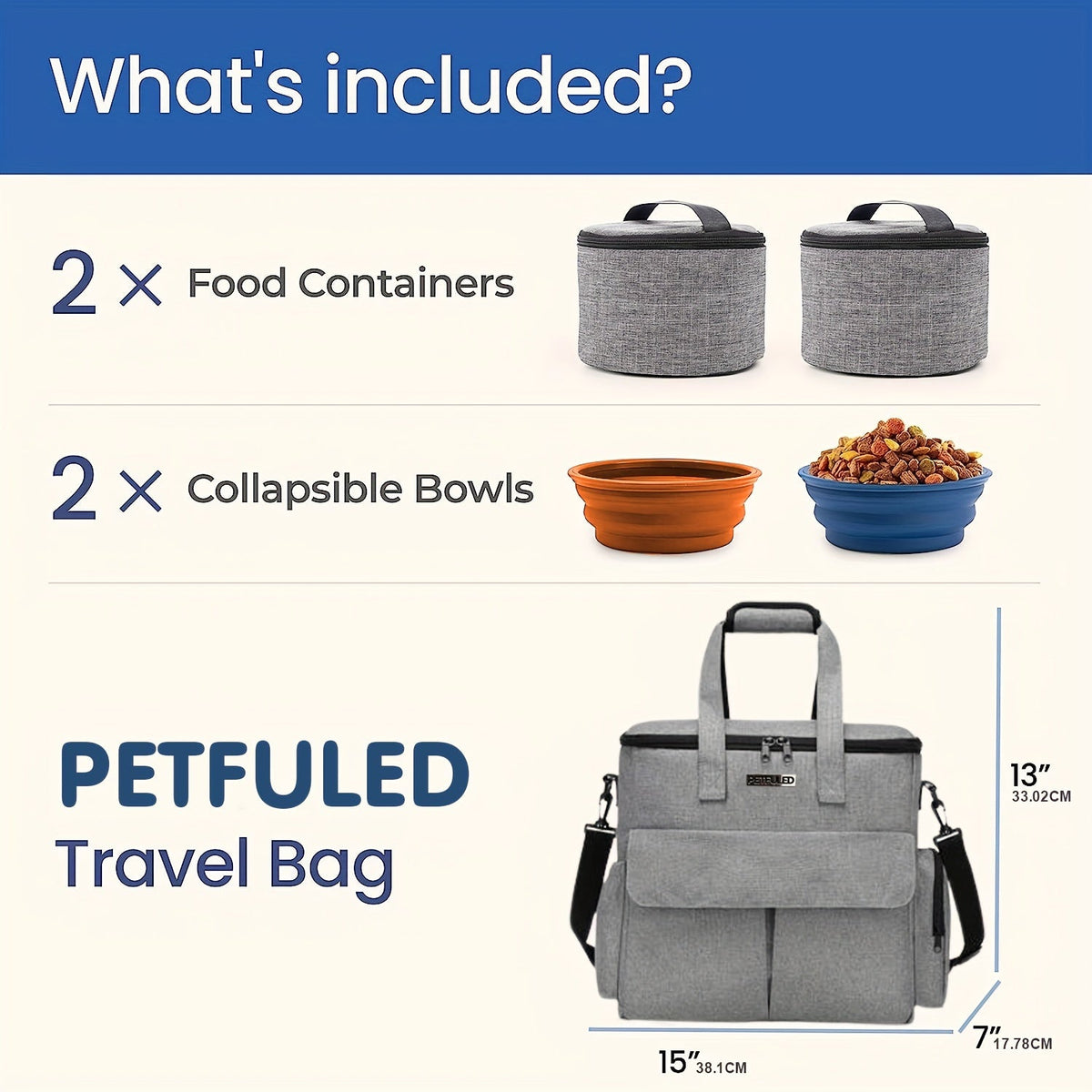Large 5-Piece Dog Travel Bag Set for Supplies - Weekend Pet Travel Organizer Tote for Dogs & Cats, Airline Approved, Multi-Function Pockets, 2 Food Containers & Bowls, 16x14x8in, 600D Cationic
