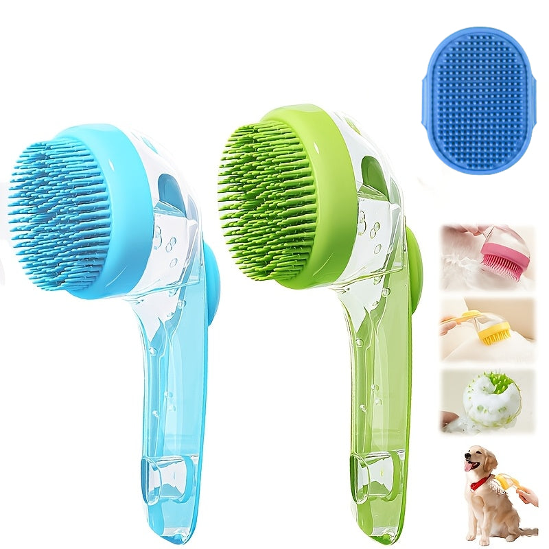 Dog Bathing Brush Set 2-Piece - Soft Silicone Shampoo Dispenser Scrubber & Finger Toothbrush for Cats & Dogs, Massage Bath Brush for Long & Short Hair, Gentle Soft Bristles, Pet Grooming Gift