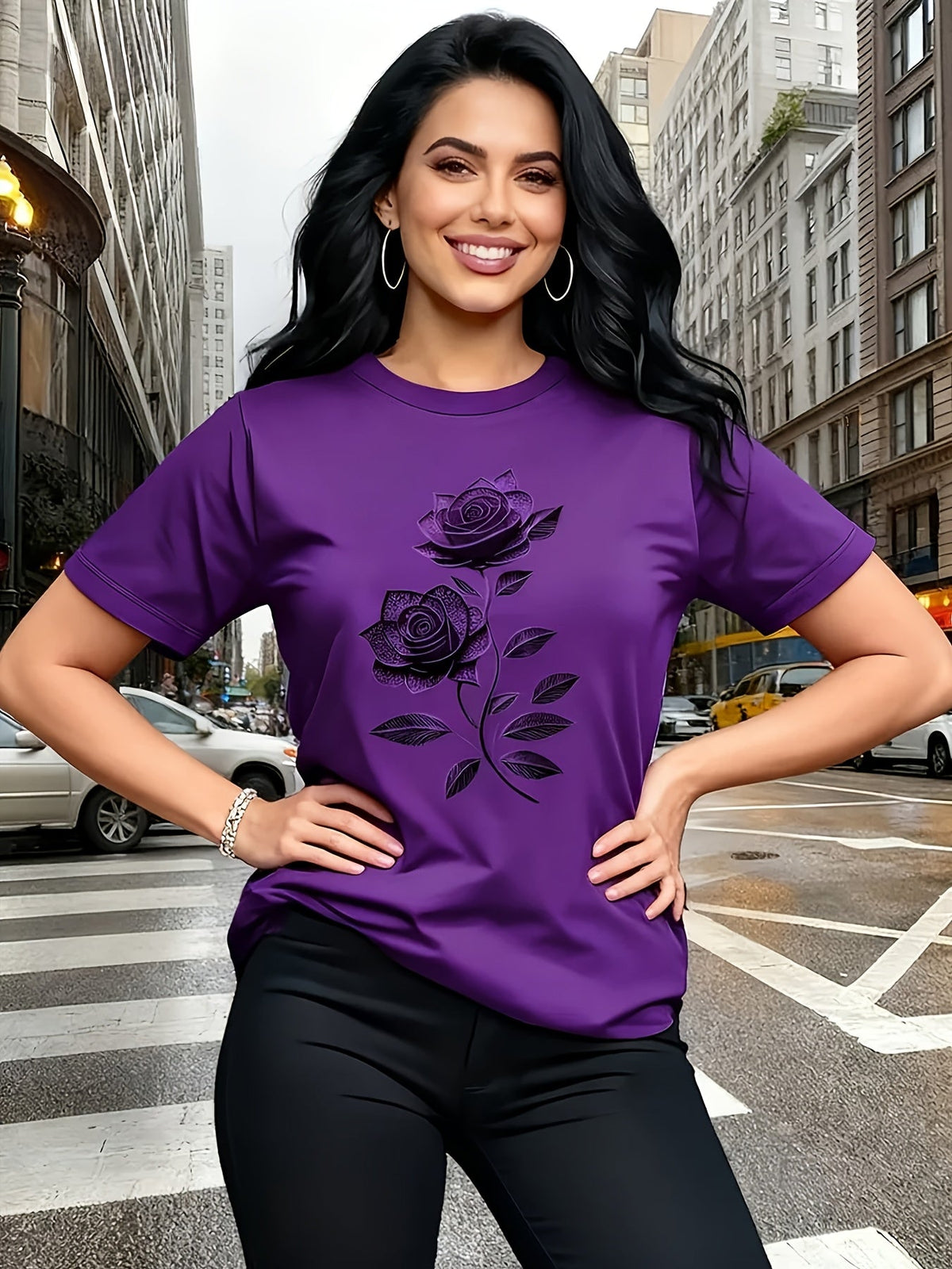 Women's Rose Pattern Crew Neck T-Shirt Elegant Casual Breathable Lightweight Knit Top - Floral Print Short Sleeve Tee for Spring Summer Daily Wear Brunch Outfits