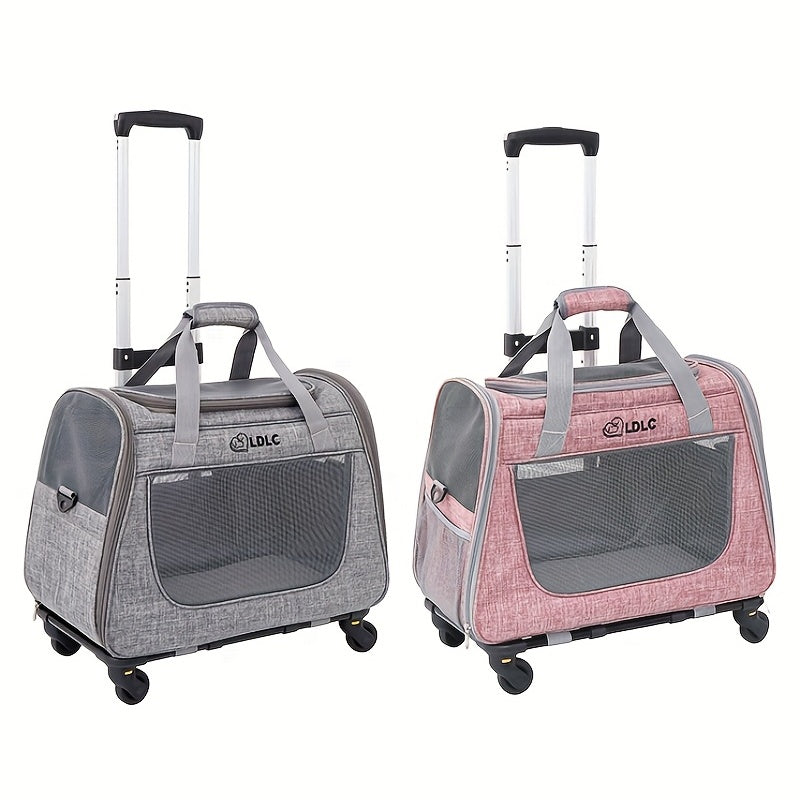 2-in-1 Rolling Pet Carrier with Wheels - Trolley Cat Carrier Backpack for Travel, Detachable Wheeled Cat Bag for Cats and Small Dogs, Airline-Friendly Pet Luggage Carrier, Light Grey & Light Pink