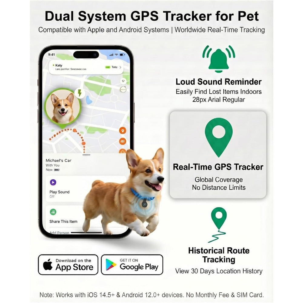GPS Tracker for Dogs & Cats – No Monthly Fee, No SIM Card, Real-Time Location via iOS Find My App, Ultra-Slim Smart Pet Tracker with Collar Mount & Safe Zone Alerts