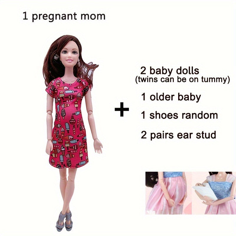 11.8 Inch Fashion Pregnant Doll with Movable Joints Mom Doll with 2 Baby Dolls Elder Doll Ear Studs Shoes Modern Dress Princess Doll Educational Toy for Girls Ages 3+
