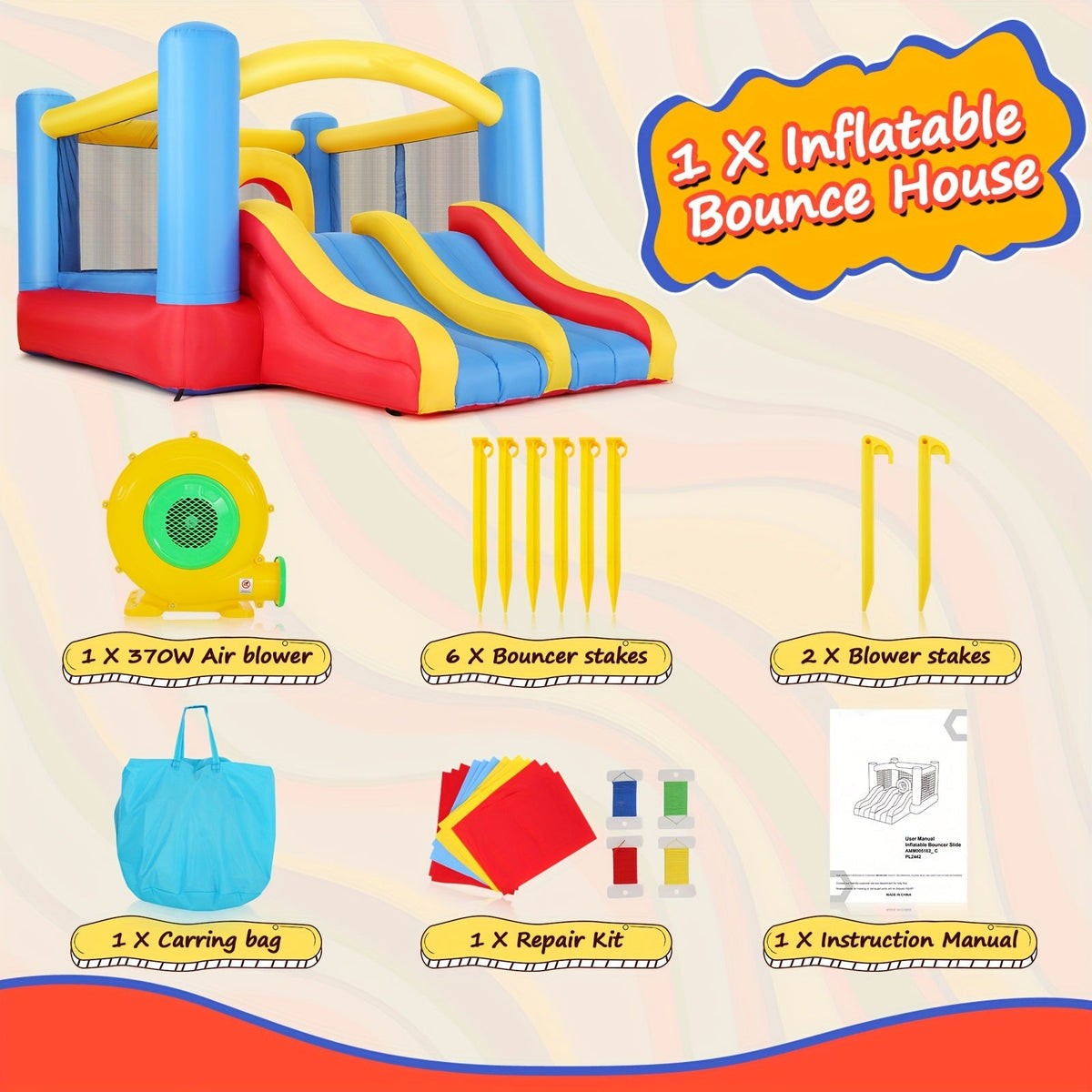 Inflatable Bounce House with Blower for Kids 3-10, 12x9FT Large Backyard Bouncy Castle with Double Slide & Dual Slide, Obstacle Course, Big Bounce Area, Indoor Outdoor Jumper for Birthday Party – Red Blue Yellow